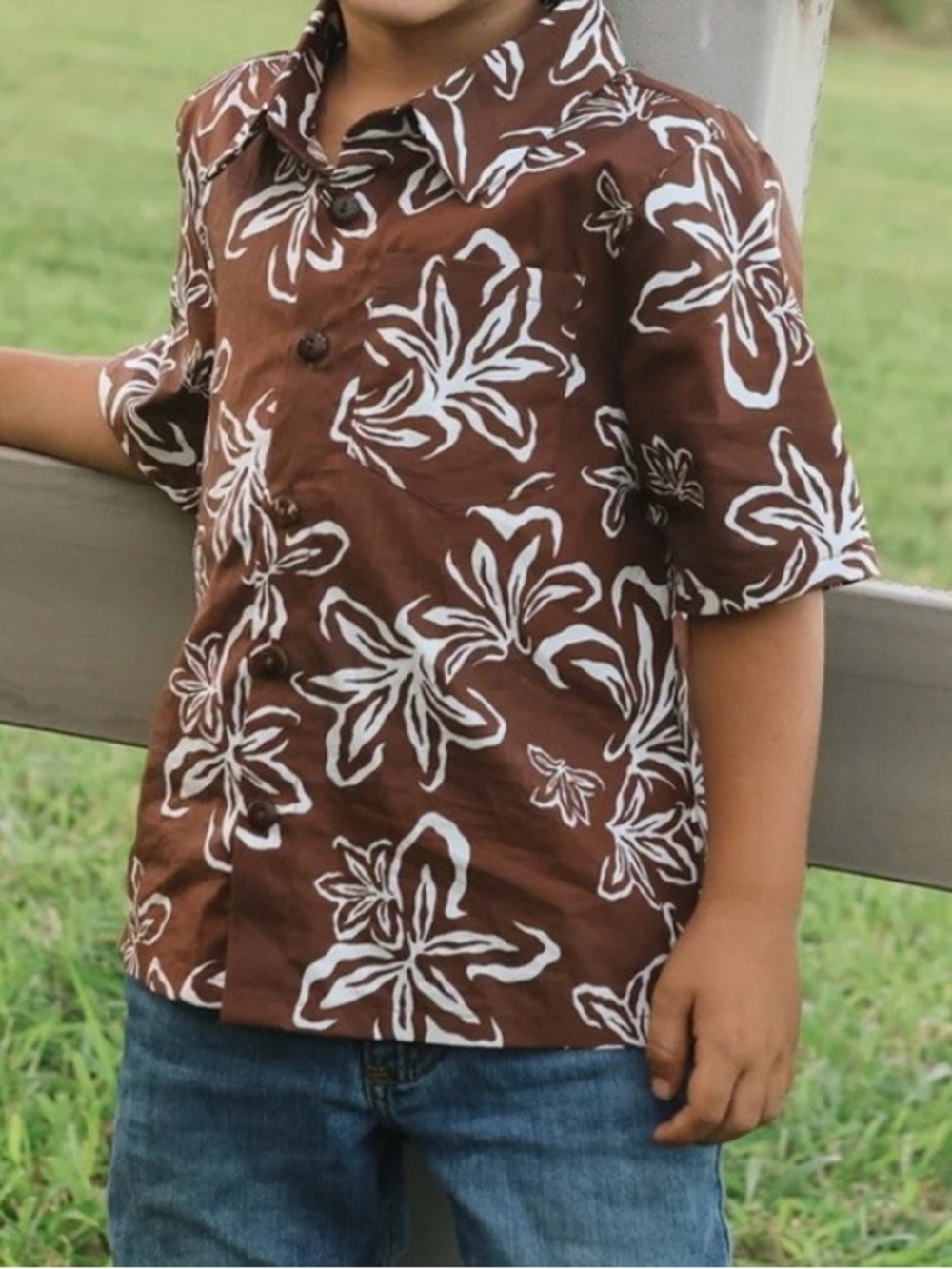 Keiki Boys Aloha Shirt -Naupaka  Cocoa